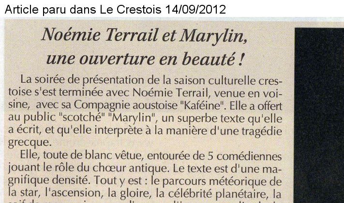 Paru dans Le Crestois septembre 2012 - Marilyn de N Terrail